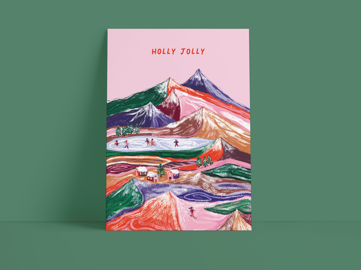 Postkarte / Weihnachten / holly jolly / Berge / Rosa / Rot