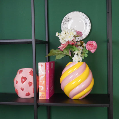 Blumenvase - Wirbelvase - Keramik - Gelb/ Hellrosa - 20x20x21,5 cm