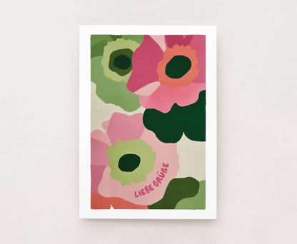 Postkarte - Retro Flowers - Liebe Grüße