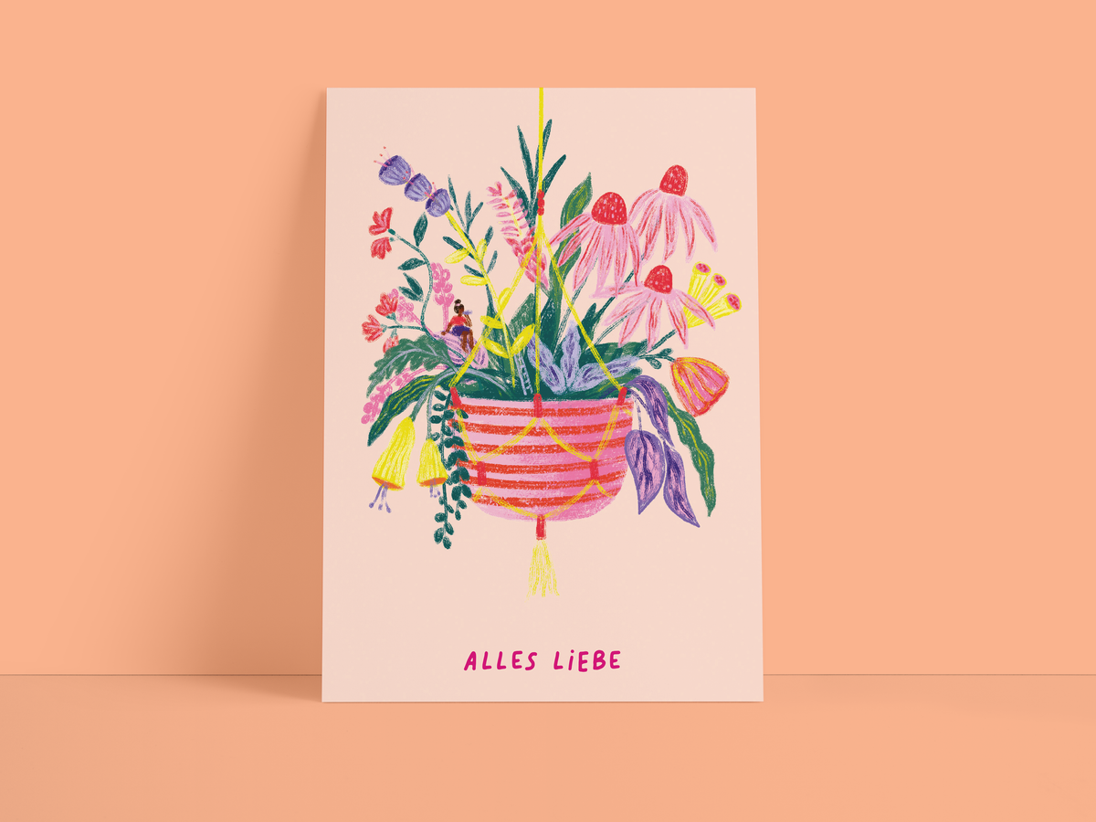 Postkarte /  alles Liebe / Pflanzen / Kunst / Rosa / DIN A6