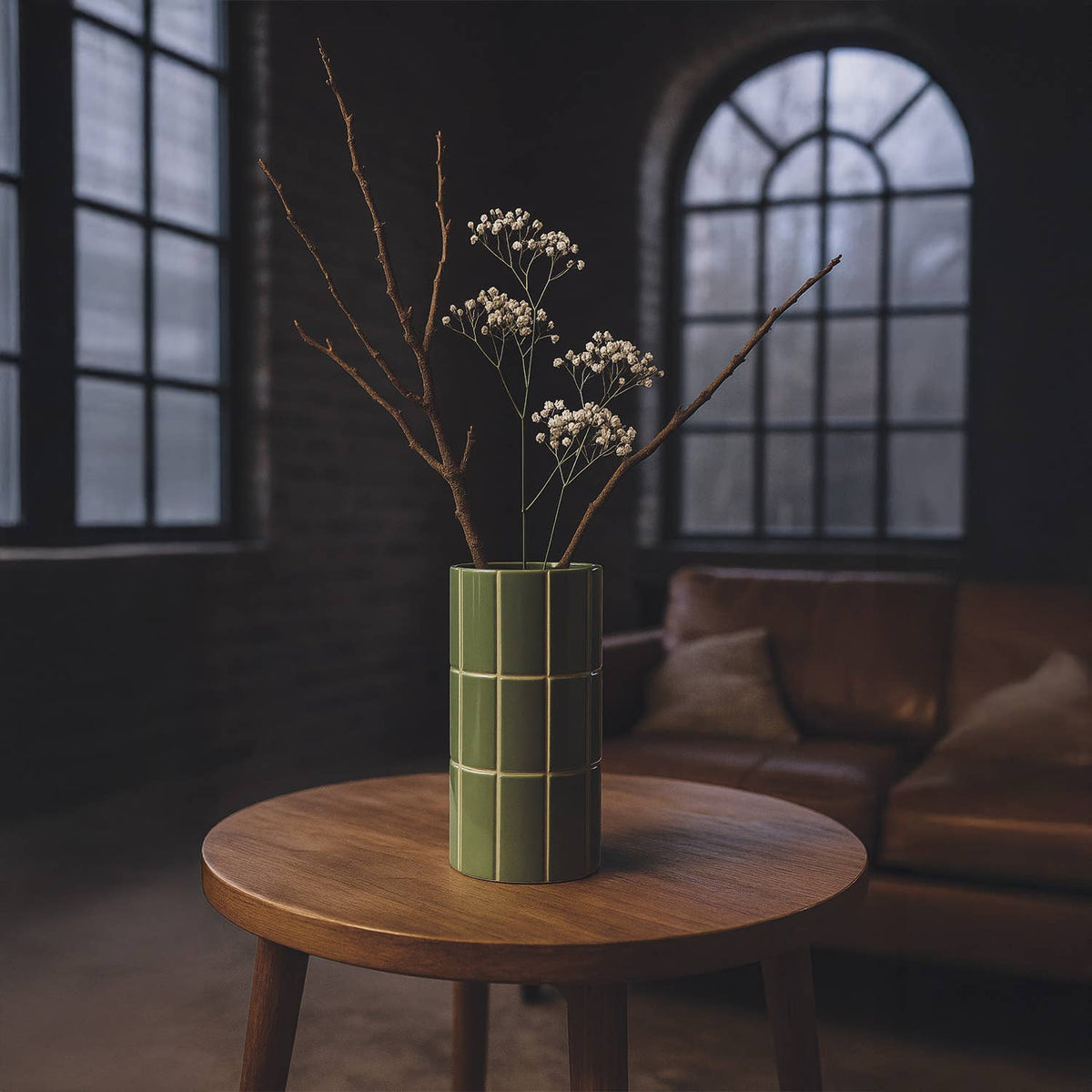 Vase mit Fliesenmuster, khaki, Ø 10,5 cm, H 23 cm