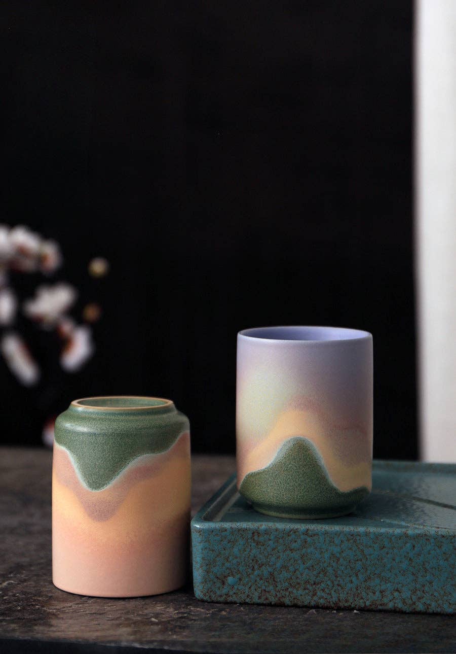 Gohobi Keramik Teetasse im japanischen Stil Grün Pink Yunomi