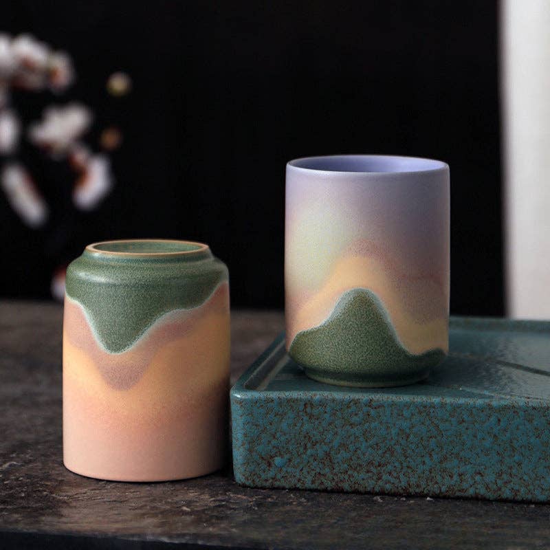 Gohobi Keramik Teetasse im japanischen Stil Grün Pink Yunomi