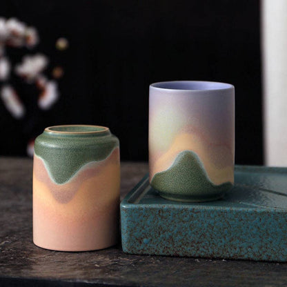 Gohobi Keramik Teetasse im japanischen Stil Grün Pink Yunomi