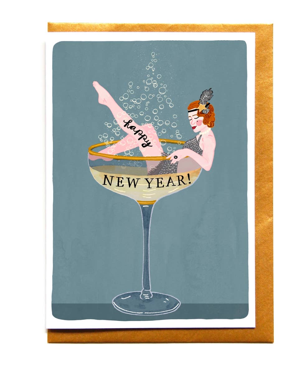 Neujahrskarte mit Champagner-Mädchen