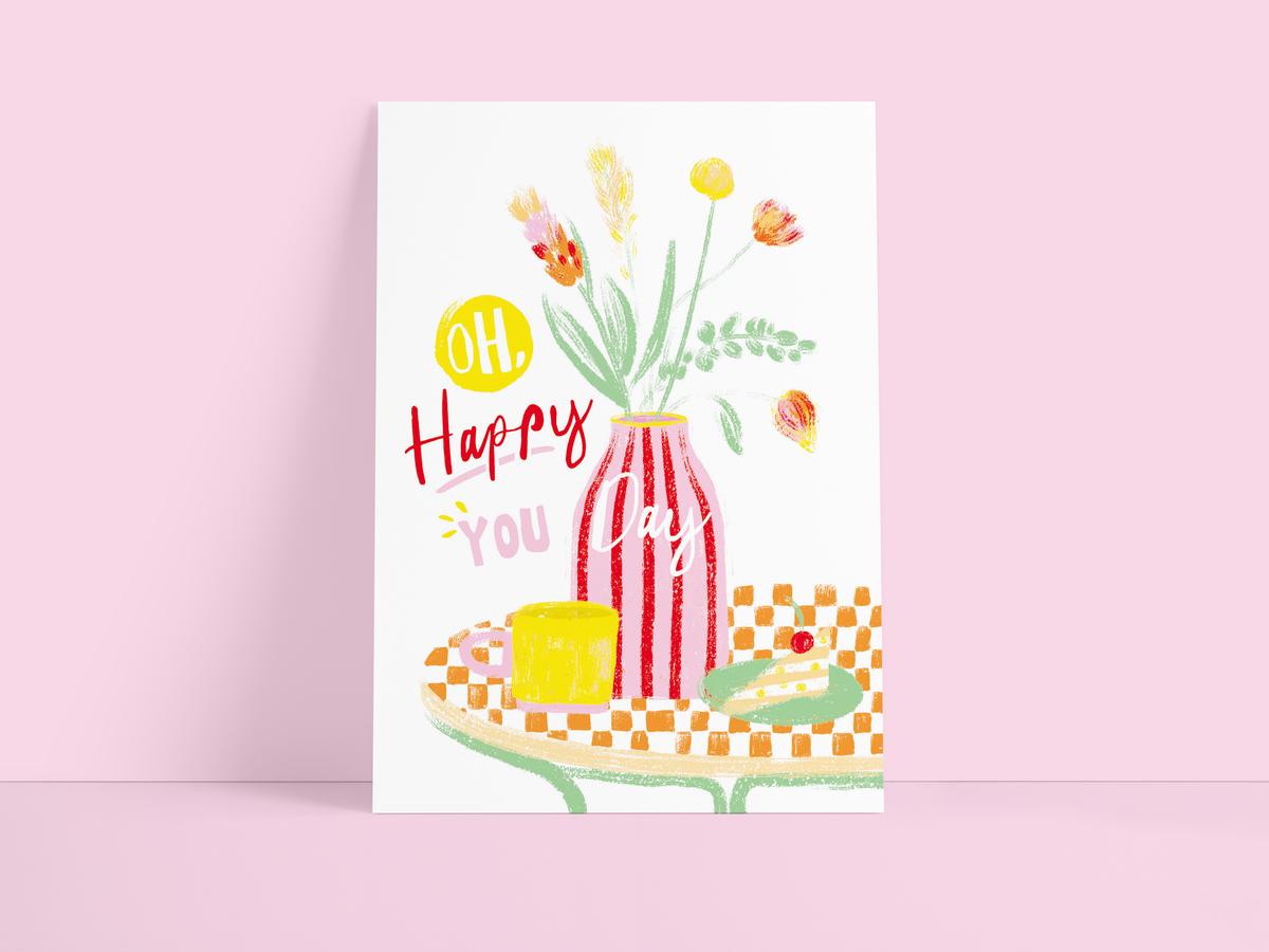 Postkarte / Geburtstag / Oh happy you day / Rosa / Rot  / DI