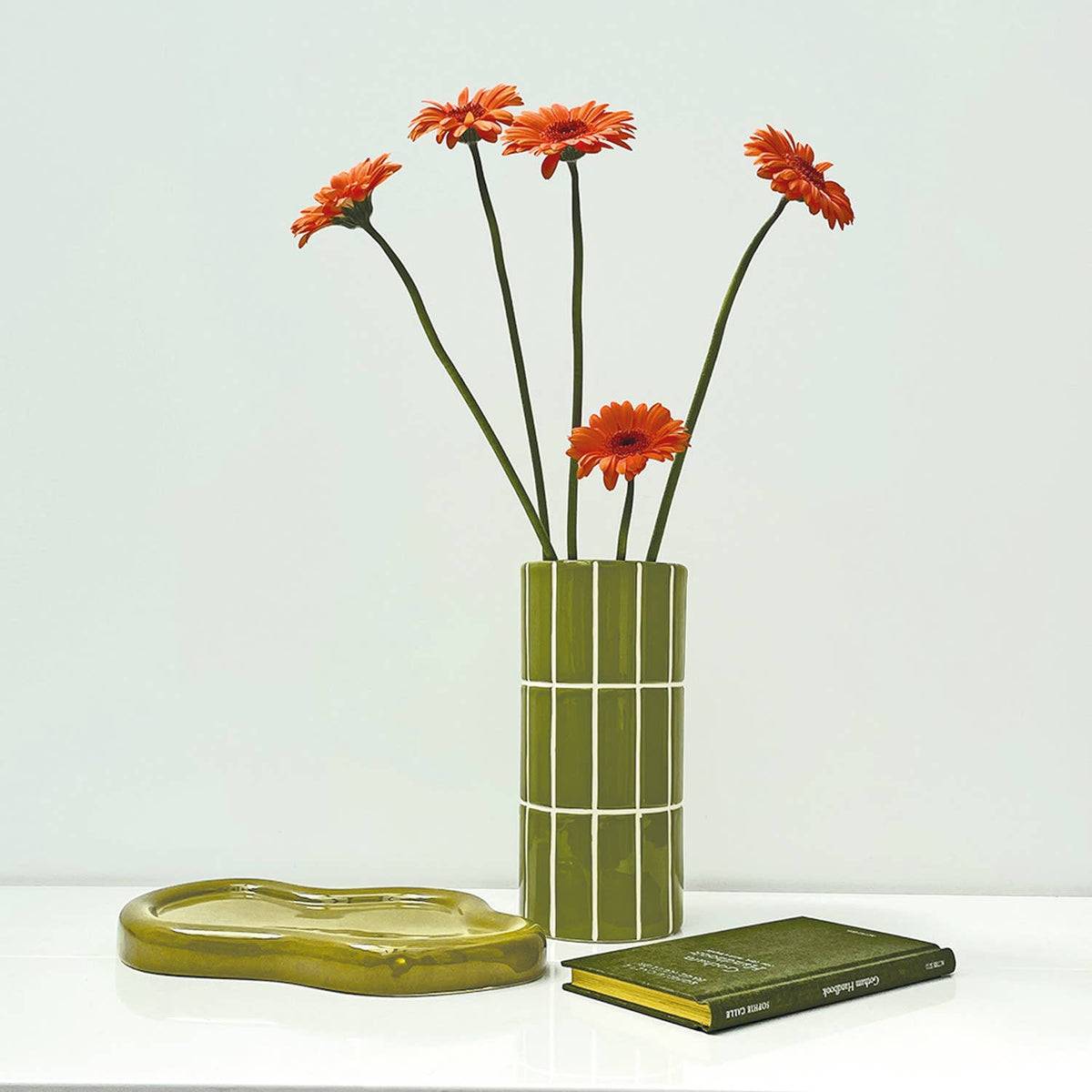 Vase mit Fliesenmuster, khaki, Ø 10,5 cm, H 23 cm