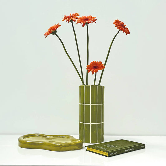Vase mit Fliesenmuster, khaki, Ø 10,5 cm, H 23 cm