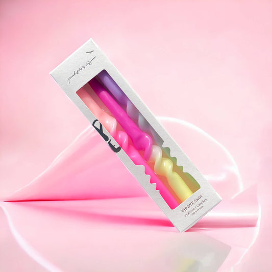 Dip Dye Swirl Set – Drei handgefärbte, gedrehte Stabkerzen im Neon-Look „Yummy Dragonfruit“