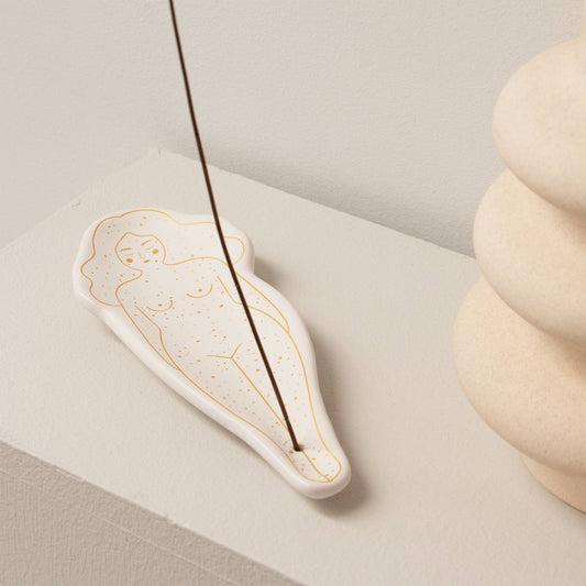 Weißer Räucherstäbchenhalter mit Frauenkörper-Motiv – Handbemalt, Helio Ferretti