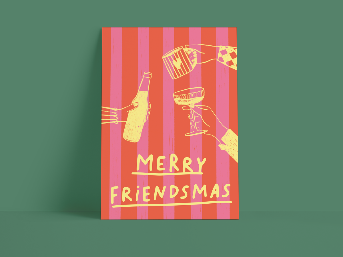 Postkarte / Weihnachten / merry friendsmas / Rosa / Rot